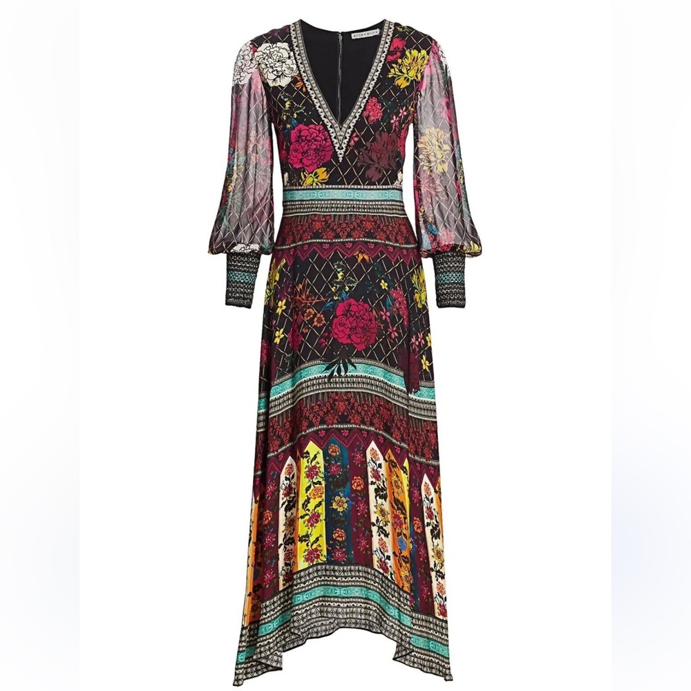 Alice + Olivia Janey Mixed Pattern Handkerchief Hem Dress size 8 Midi Dress